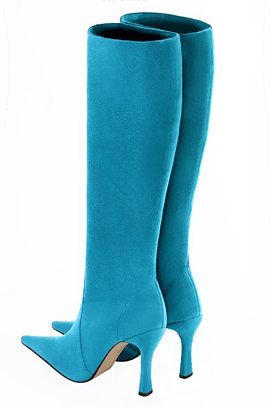 Turquoise blue women's feminine knee-high boots. Pointed toe. Very high spool heels. Made to measure. Rear view - Florence KOOIJMAN